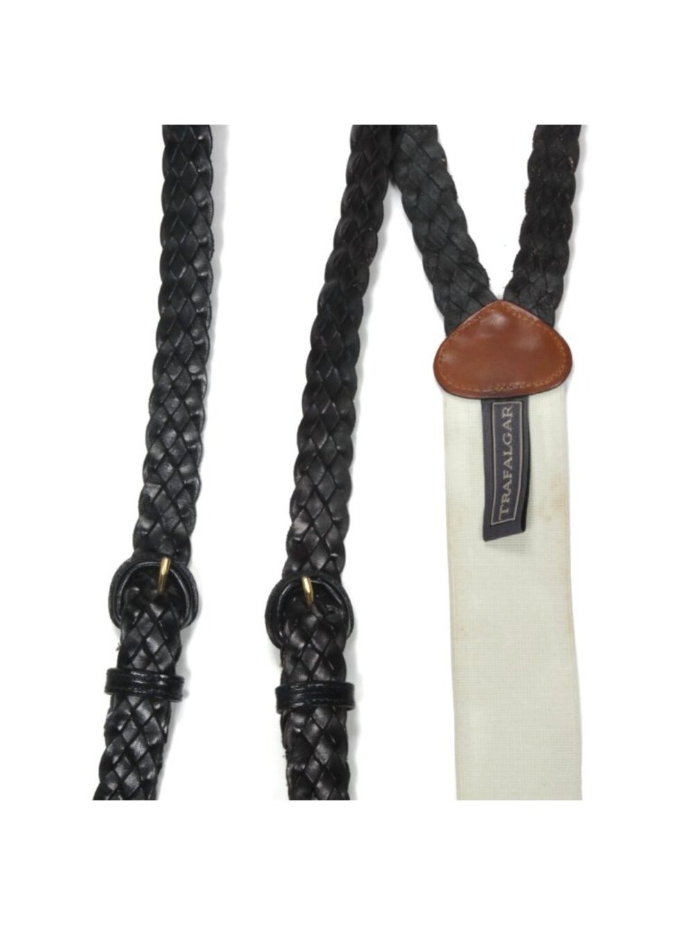 TRAFALGAR Brown Leather Braided Button Tab White Elastic Fabric Suspenders